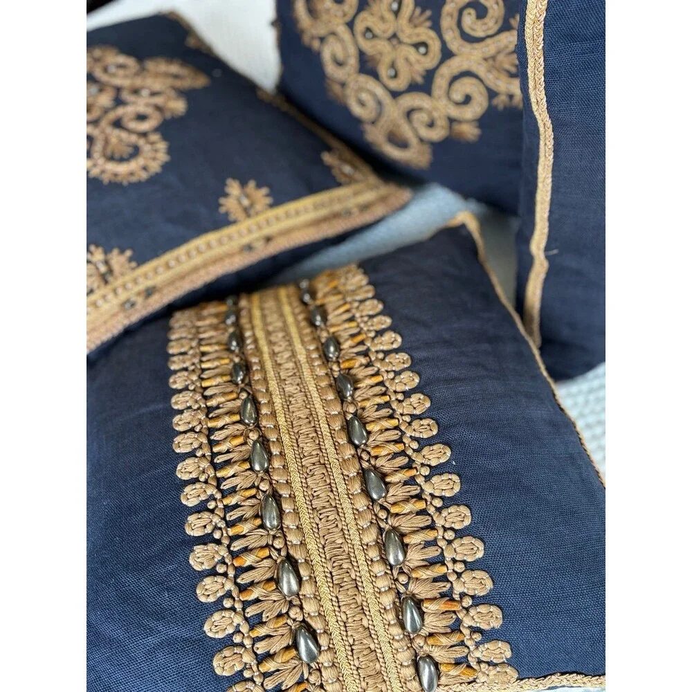 Ankasa Embroidered Navy and Gold Throw Pillows